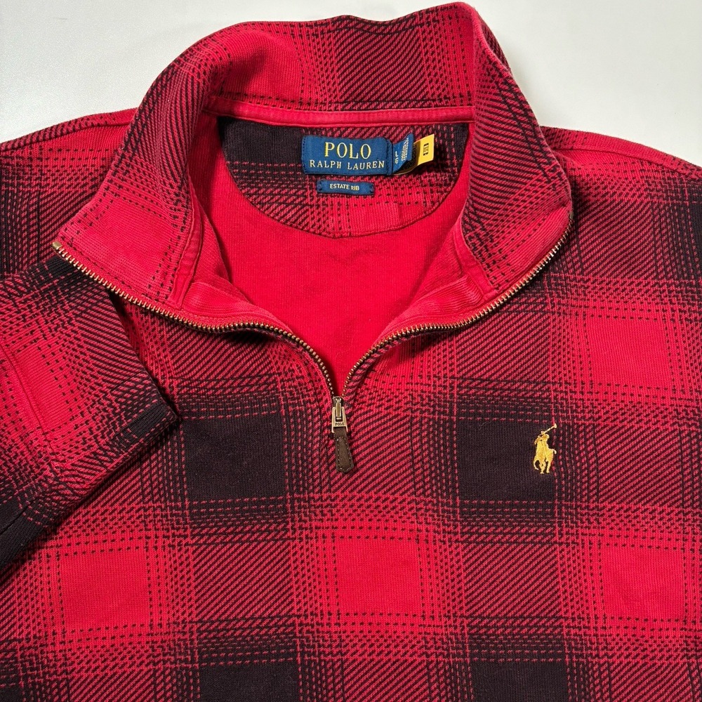 Polo Ralph Lauren Estate Rib Pullover Large Red Buffalo‎ Plaid 1/4 Zip